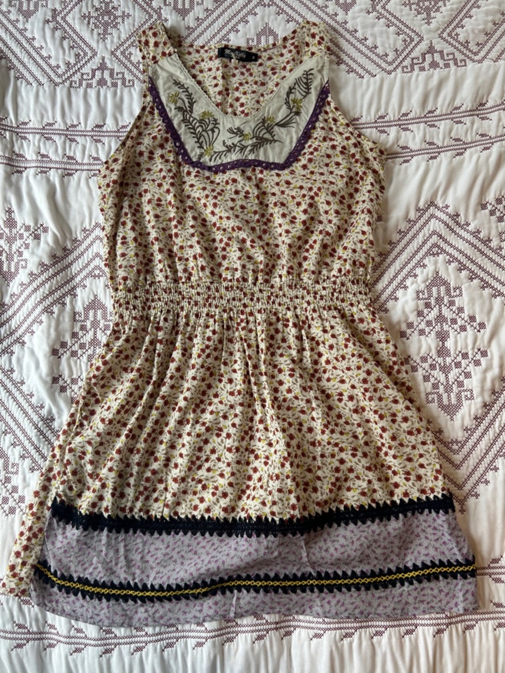 Cream Floral Smocked Casual Dress with Purple Trim